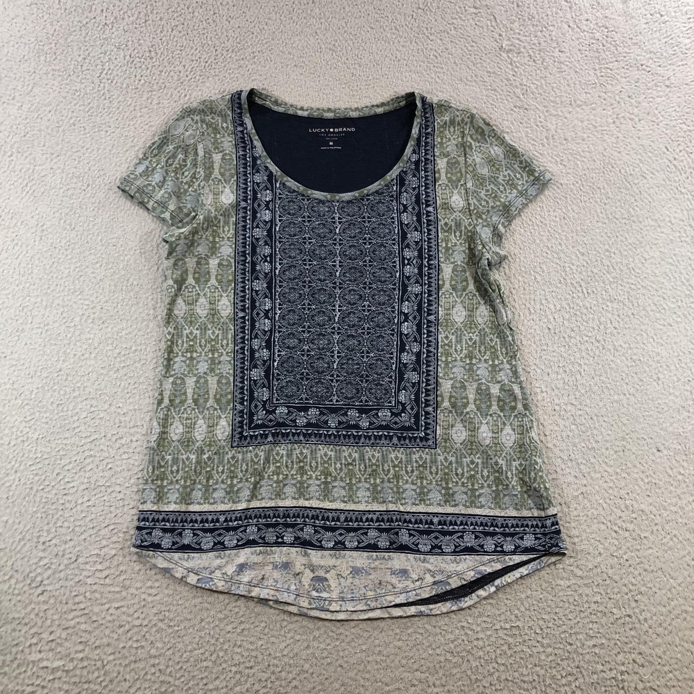 Lucky Brand Shirt Womens Medium Green Black Bohemian Border Print Scoop Neck